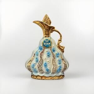 ❤️SOLD❤️Vintage Decanter Jim Beam Gold Blue Floral Bottle  1970 Empty 13" Tall